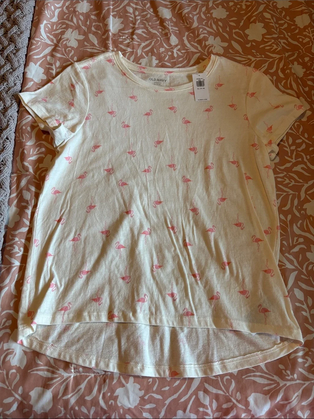 Old Navy Cream Tee with Pink Flamingo Pattern